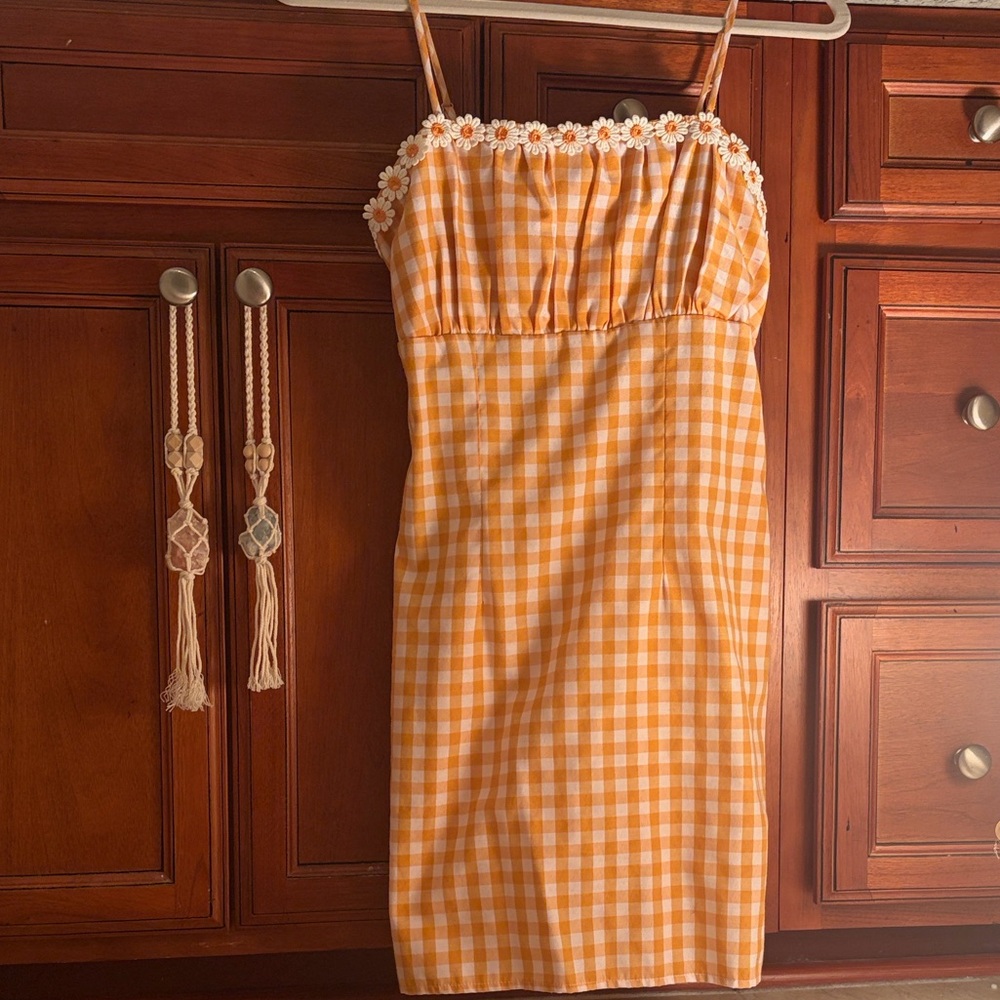 Forever 21 Orange Gingham Chemise with Floral Accents